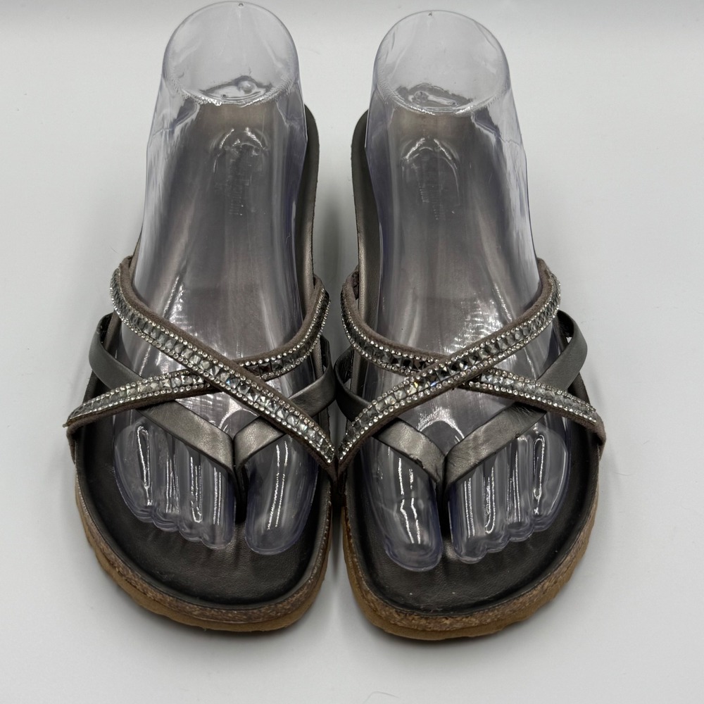 Cristina Francini Rhinestone Wedge Sandals 9 Pewter Metallic Italian Cork Boho - Picture 1 of 7